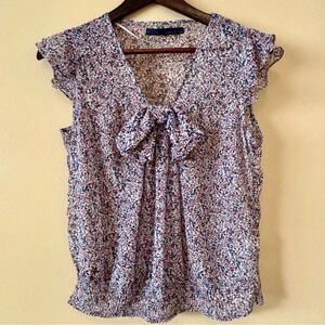 Zara| Lovely Sheer Floral Cap Sleeve Front Bow Feminine Top Sz L